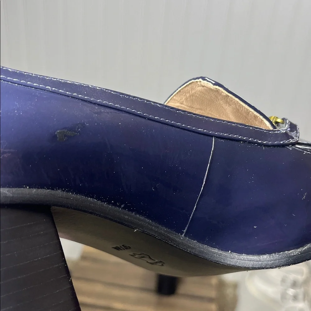 Tory Burch Navy Gemini Link Patent Mid Heel Loafers